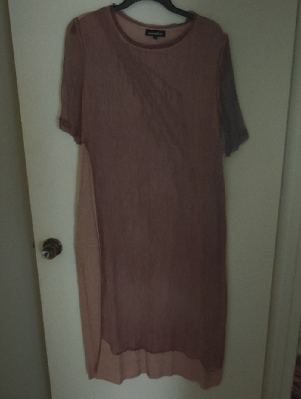 Pleated Midi Dress in Dusty Rose, Sheer Overlay, Embroidered